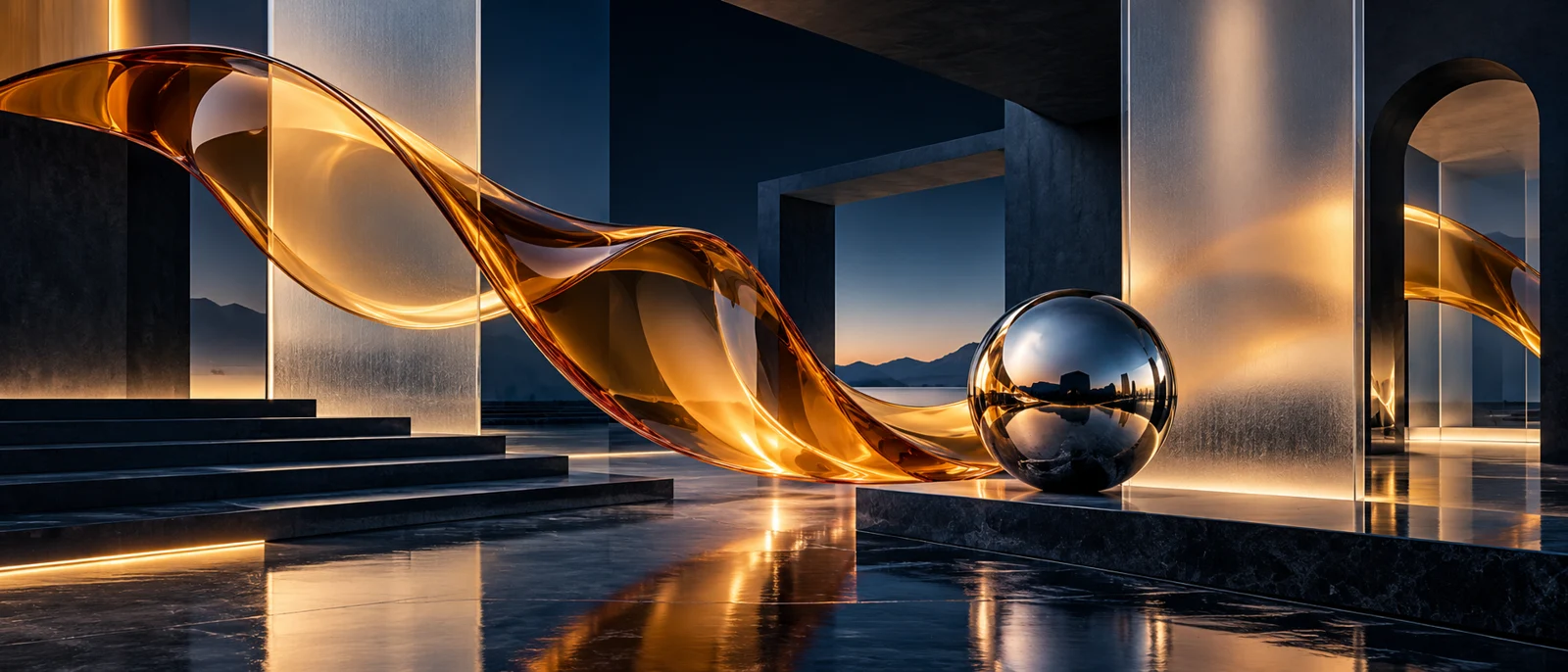 Abstract amber glass sculpture in a midnight blue architectural setting